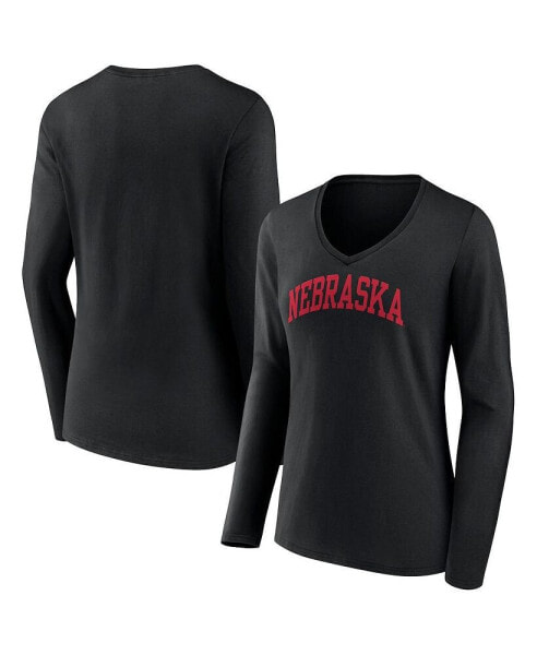 Women's Black Nebraska Huskers Basic Arch Long Sleeve V-Neck T-shirt