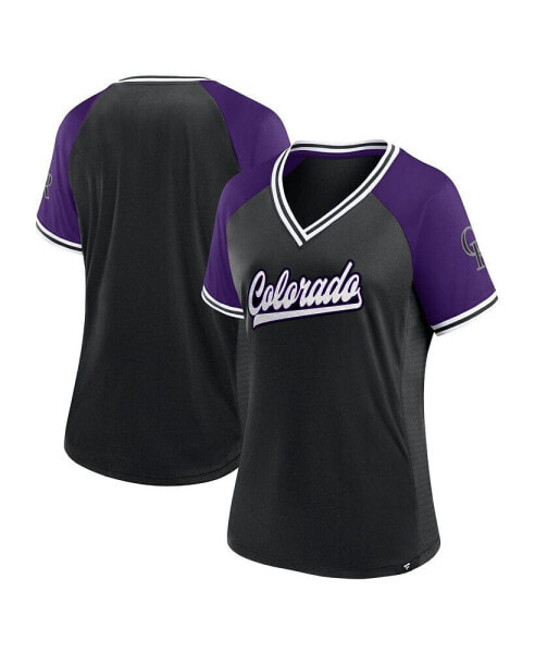 Women's Black Colorado Rockies Glitz and Glam League Diva Raglan V-Neck T-shirt