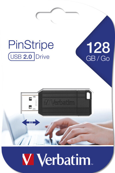 PinStripe - USB Drive 128 GB - Black - 128 GB - USB Type-A - 2.0 - 10 MB/s - Cap - Black