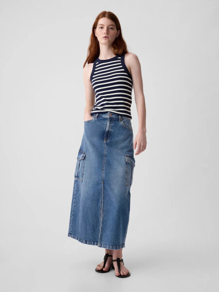 Denim Double Cargo Maxi Skirt