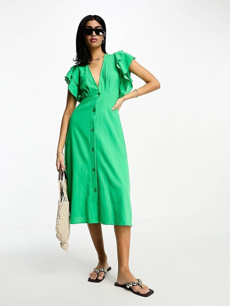 Vila flutter sleeve midi dress in green