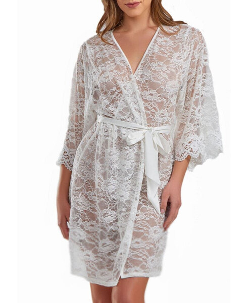 Women's Jasmine Soft Sheer Lace Robe with Self Tie Satin Sash