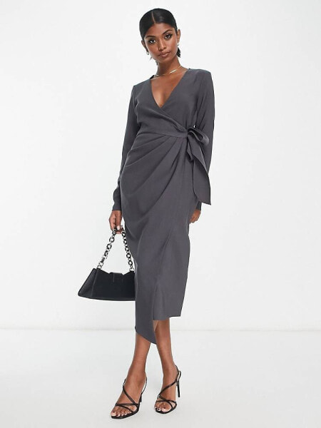 ASOS DESIGN v neck midi dress with twist wrap detail in charcoal