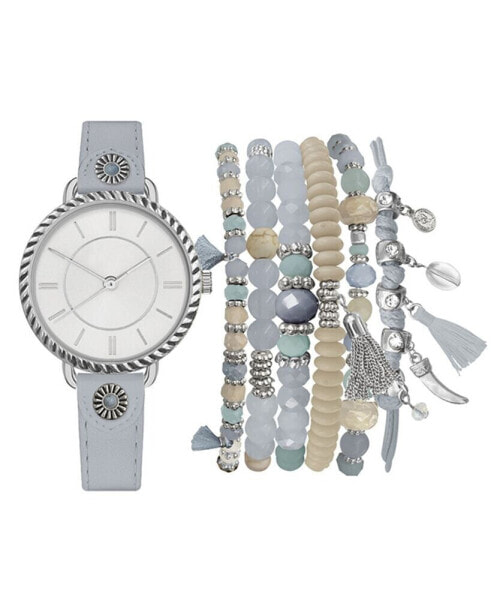 Women's Analog Gray Strap Watch 32mm with Beaded Bracelets Set