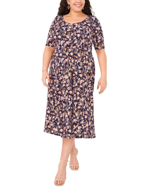 Plus Size Printed Scoop-Neck Elbow-Sleeve Midi Dress