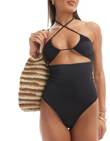 ASOS DESIGN Maya ruched keyhole halter swimsuit in black