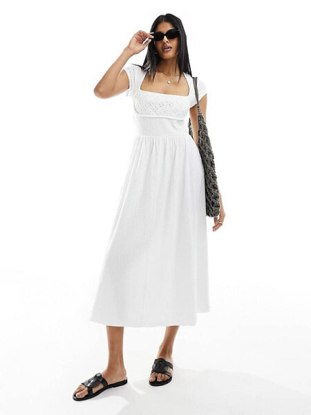 ASOS DESIGN square neck shirred bodice maxi dress with crochet bust in white