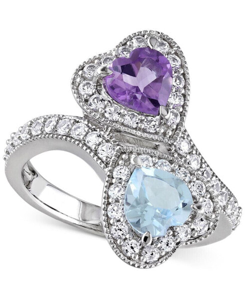 Amethyst (5/8 ct. t.w.), Blue Topaz (7/8 ct. t.w.), & Lab-Grown White Sapphire (7/8 ct. t.w.) Heart Bypass Ring in Sterling Silver