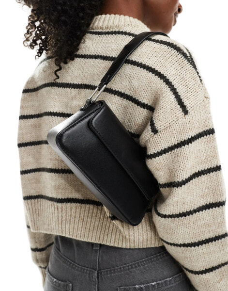 Pull&Bear PU shoulder bag with flap detail in black