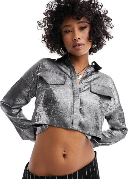 ASOS DESIGN crop tie back shirt in silver metallic