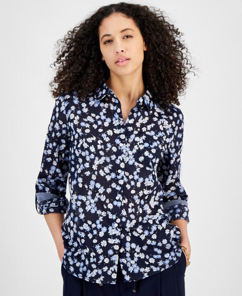 Women's Printed Roll-Tab-Sleeve Button-Front Cotton Shirt