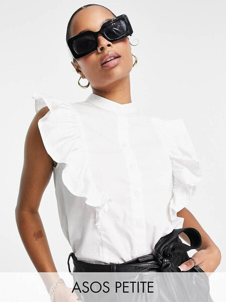 ASOS DESIGN Petite sleeveless shirt with frill detail in ivory