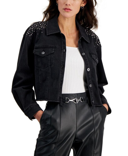 Women's Embellished Denim Trucker Jacket, Created for Macy's