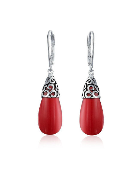Western Style Dark Red Burgundy Simulated Coral Elongated Teardrop Filigree Lever Back Dangle Earrings For Women .925 Sterling Silver