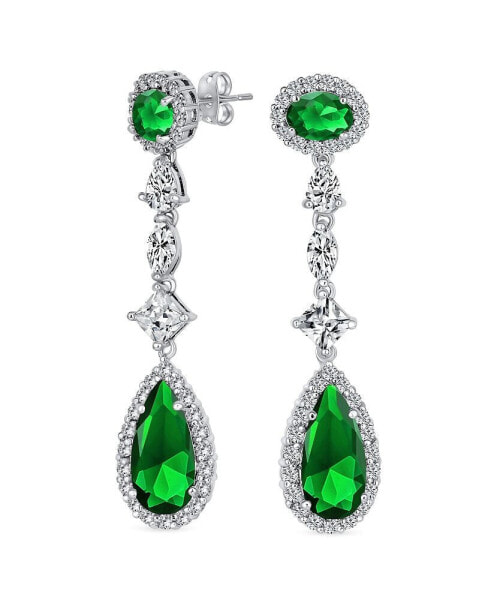 Wedding Simulated Royal Green Emerald Cubic Zirconia Halo Long Pear Solitaire Teardrop CZ Statement Dangle Chandelier Earrings Pageant Bridal Party