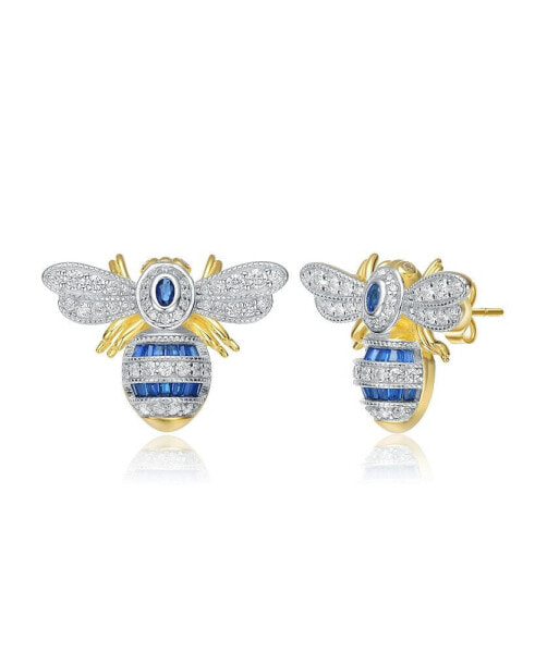 Sterling Silver 14k Yellow Gold Plated with Blue Sapphire & Cubic Zirconia Wasp Stud Earrings