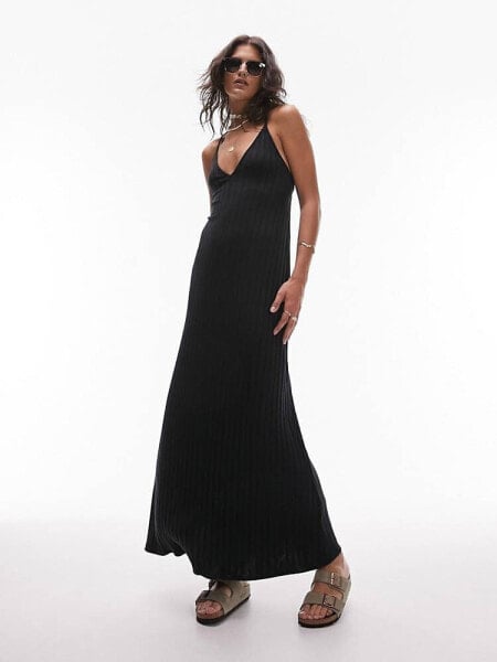 Повседневное платье Topshop - Длинное черное платье из джерси с широким рубчиком