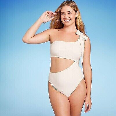 Women's One Shoulder Bow Cut Out One Piece Swimsuit - Shade & Shore Off-White XL
