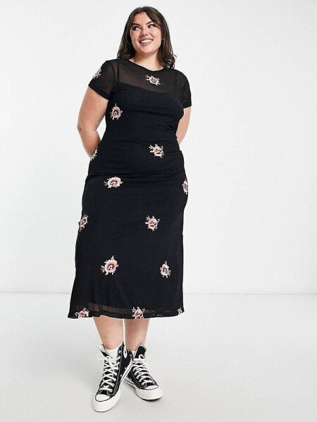 ASOS DESIGN Curve mesh midi dress with floral embroidery in black 