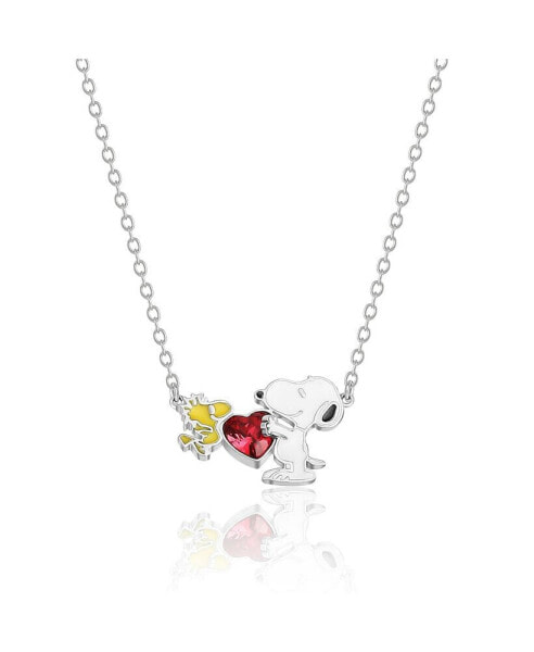 Peanuts womens Snoopy and Woodstock Red Crystal Silver Plated Heart Necklace, 18''