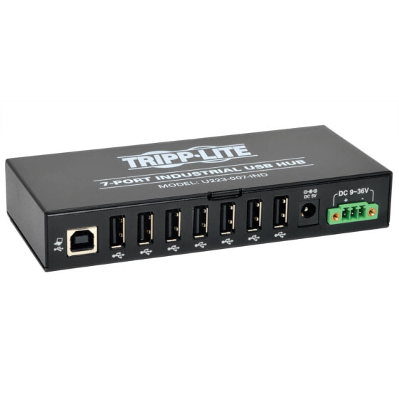 Tripp 7-Port Rugged Industrial USB 2.0 Hi-Speed Hub w 15KV ESD Immunity and metal case - Mountable - USB 2.0 - 480 Mbit/s - Black - Metal - 142 mm - 64 mm
