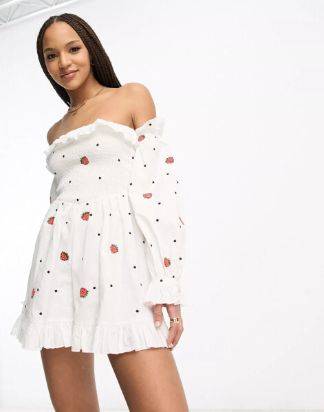 ASOS DESIGN shirred bodice playsuit with strawberry embroidery