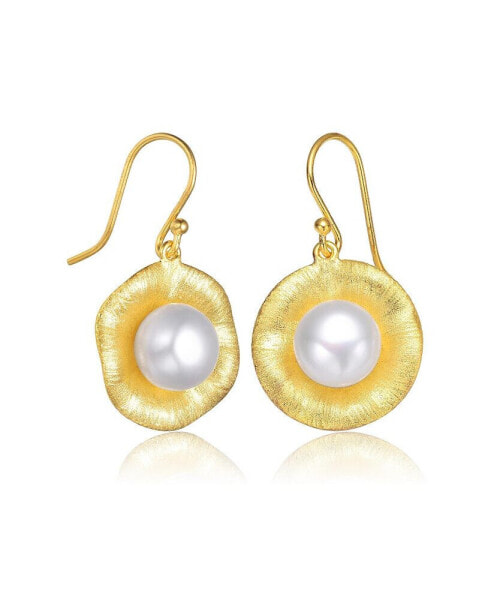 Sterling Silver 14K Gold Plated with Genuine Freshwater Round Pearl Hook Earrings