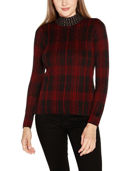 Women's Lurex Plaid Embellished-Neck Sweater
