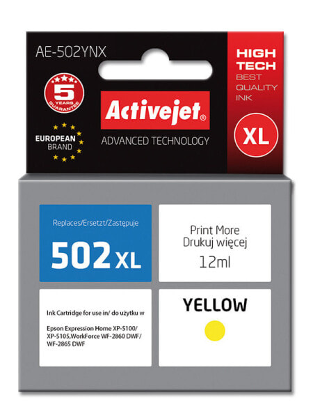 Activejet AE-502YNX ink (replacement for Epson 502XL W44010; Supreme; 12 ml; yellow) - High (XL) Yield - Dye-based ink - 12 ml - 1 pc(s) - Single pack