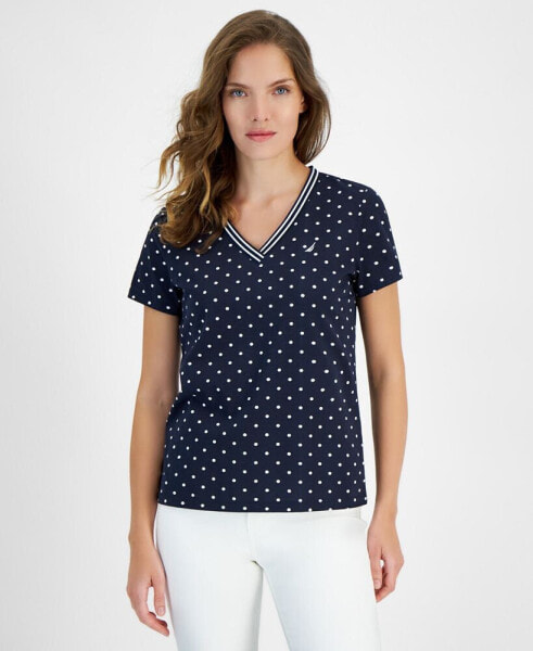 Women's Dot-Print V-Neck Short-Sleeve Top