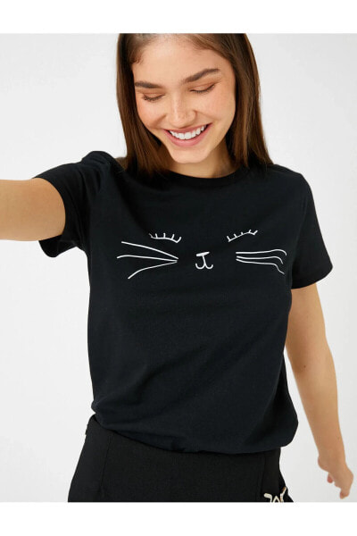 Футболка Koton Bicycle Collar Cat Print Short Sleeve