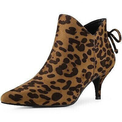 Perphy Women's Pointed Toe Bow Zip Kitten Heel Ankle Booties Leopard 7.5