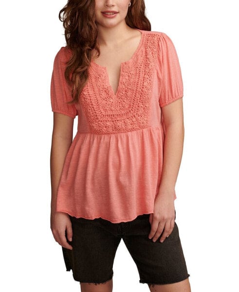 Women's Crochet-Yoke Short-Sleeve Babydoll Top