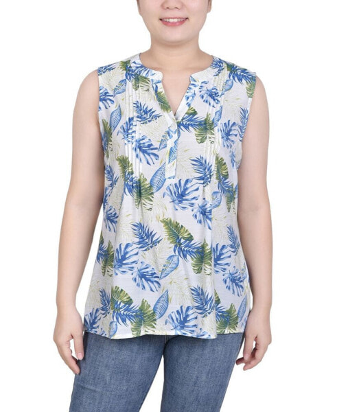 Petite Sleeveless Printed Pintucked Blouse