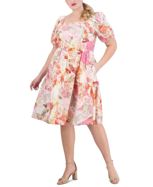 Plus Size Floral-Print Puff-Sleeve Midi Dress