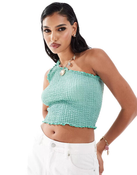 ASOS DESIGN one shoulder crop top in bubble texture in green