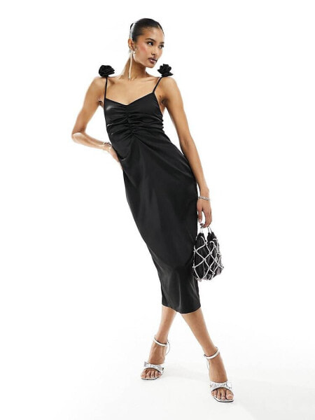 In The Style satin ruched midi dress with corsage strap detail in black