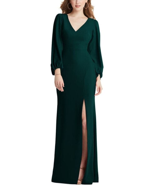 Womens Long Puff Sleeve V-Neck Trumpet Gown