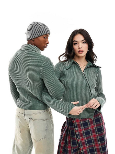 Reclaimed Vintage unisex plated rib knit jumper in green acid wash