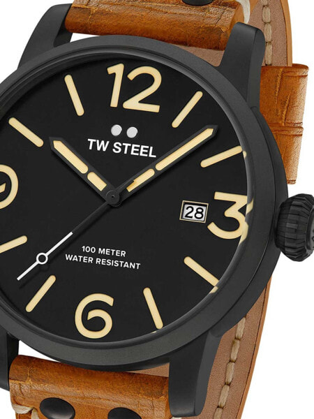 Мужские наручные часы с коричневым кожаным ремешком TW Steel MS32 Maverick 48mm 10 ATM