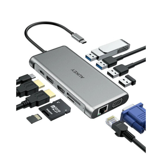 AUKEY CB-C78 - USB Type-C - HDMI - Micro-USB - RJ-45 - USB 3.2 Gen 1 (3.1 Gen 1) Type-A - USB 3.2 Gen 1 (3.1 Gen 1) Type-C - VGA - MicroSD (TransFlash) - SD - 5000 Mbit/s - 60 Hz - 1920 x 1080 (HD 1080) - 3840 x 2160