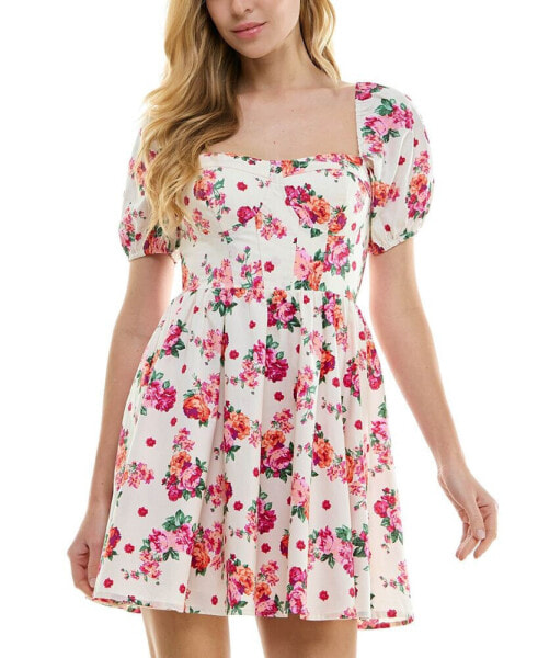 Juniors' Floral Print Puff-Sleeve Fit & Flare Dress
