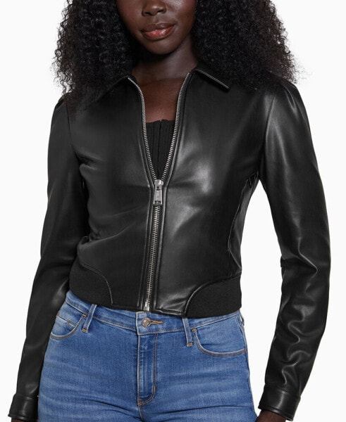 Women's Collared Faux-Leather Bomber Coat