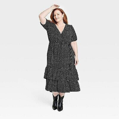 Women's Plus Size Short Sleeve Wrap Dress - Knox Rose Black Polka Dots 3X