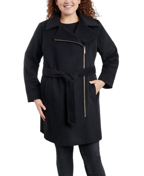 Women's Plus Size Asymmetric Belted Wrap Coat