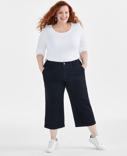 Plus Size High Rise Wide-Leg Crop Jeans, Created for Macy's