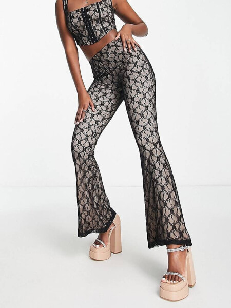 ASOS DESIGN co-ord highwaisted lace flare trouser in black