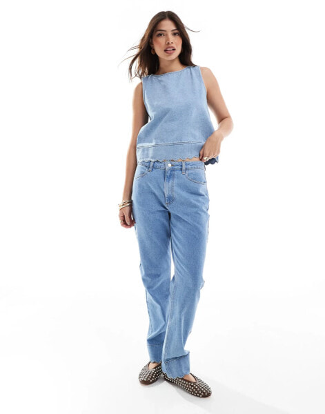 ASOS DESIGN 90s straight scallop edge jeans in mid blue