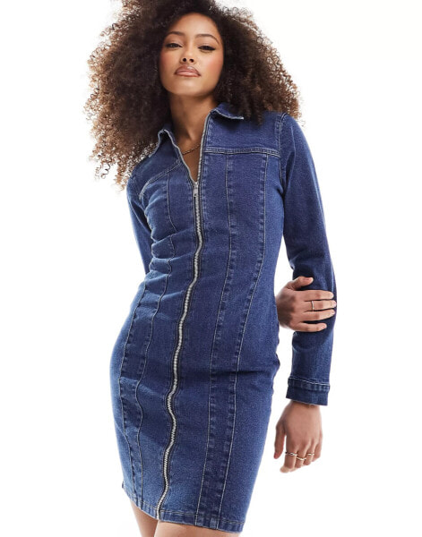 Urban Bliss seam detail long sleeve denim mini dress in mid wash blue