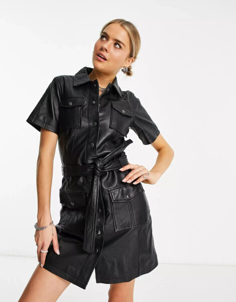 Urbancode leather shirt dress with tie waist in black